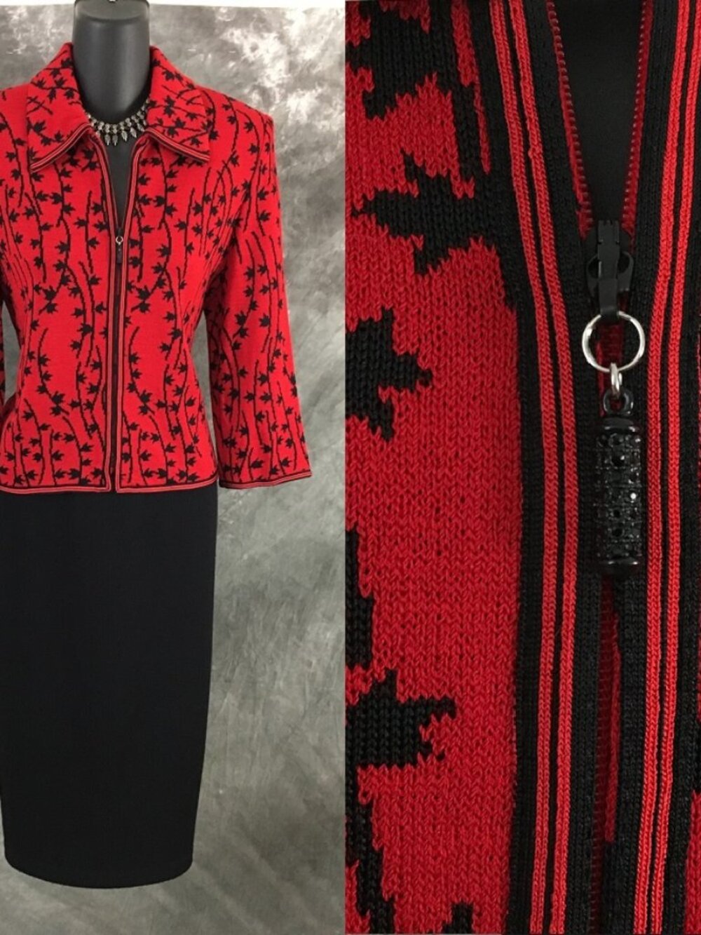 BEAUTIFUL St John collection knit red black jacket skirt suit size 6